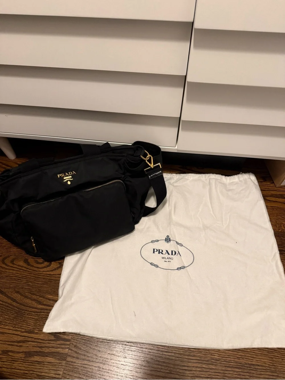 PRADA Vintage Black Nylon Diaper / Baby Bag with Gold Hardware + Dust Bag